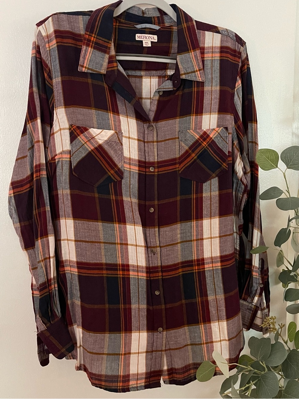 Merona Burgundy and Navy Plaid Long-Sleeve Button-Down Shirt